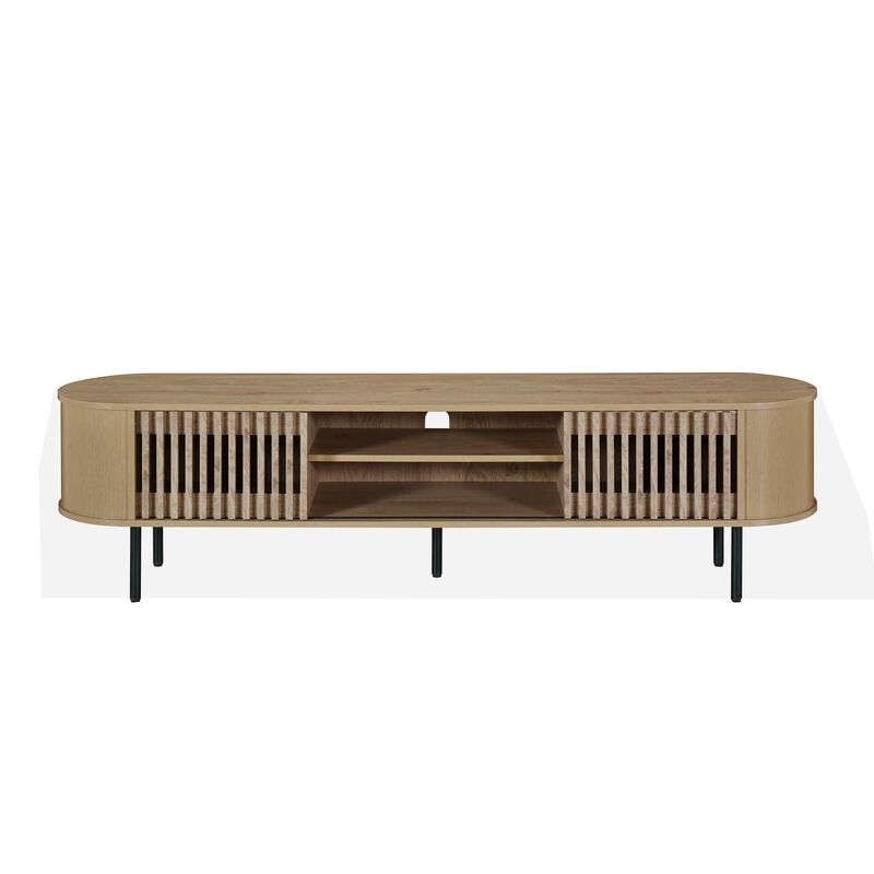 Brandon TV Stand Media Console, Shelf 2 Cabinets, Beige Wood, 71 Inch - Benzara