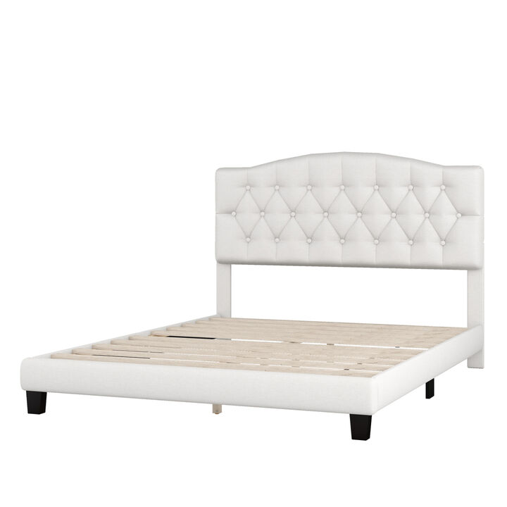 Upholstered Platform Bed With Saddle Curved Headboard And Diamond Tufted Details, Queen