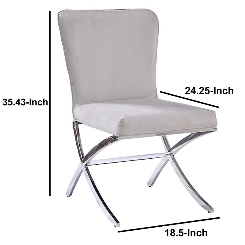 Velvet Upholstered Metal Side Chair with X Style Base, Light Gray and Silver, Set of Two-Benzara