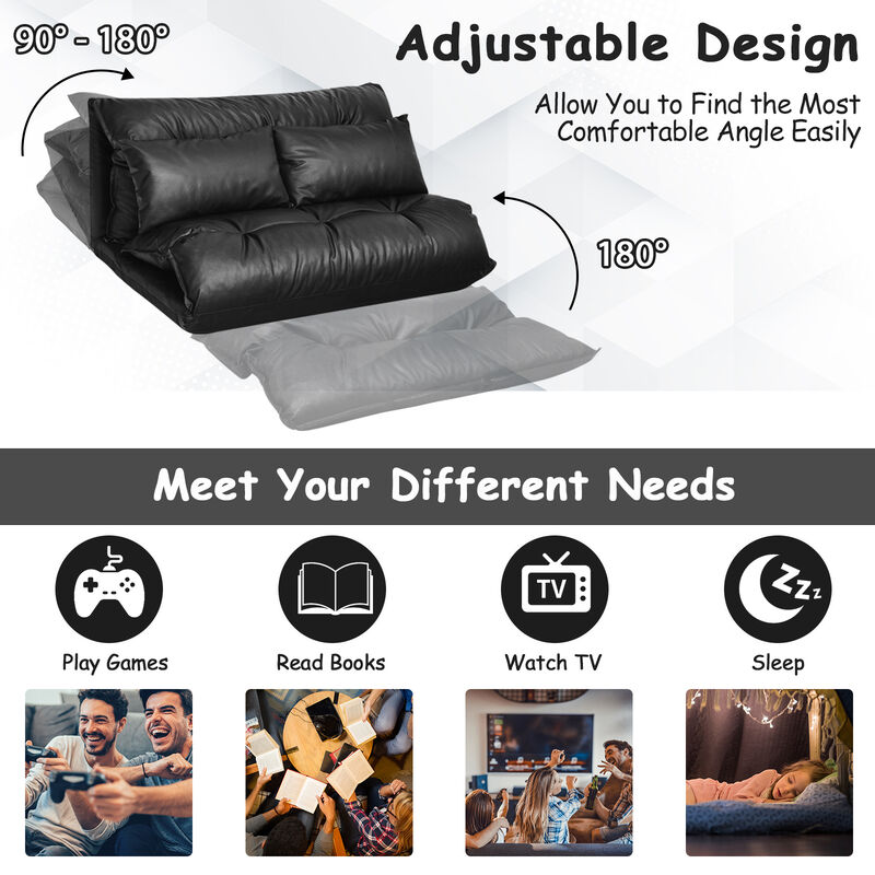 Foldable PU Leather Leisure Floor Sofa Bed with 2 Pillows