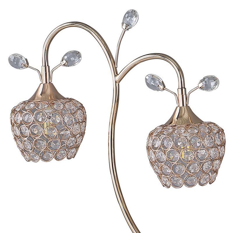 Floral Tree Design Metal Table Lamp with Dome Shade and Crystals, Gold-Benzara