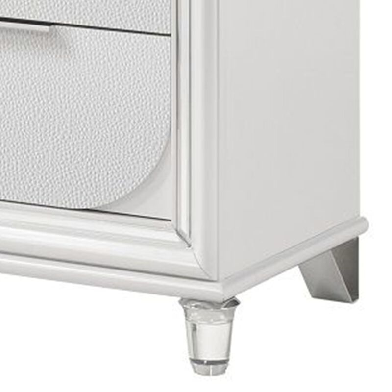Benjara RARA 64 Inch Wide Dresser, 6 Drawers, Mirror Trim, Acrylic Legs, White and Silver