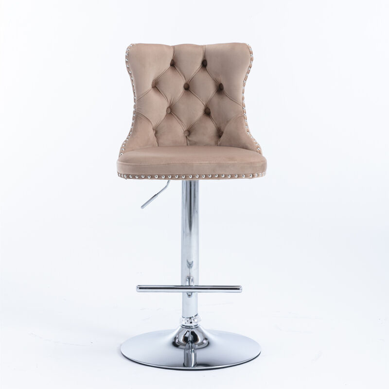 Adjustable Khaki Velvet Bar Stools, Set of 2