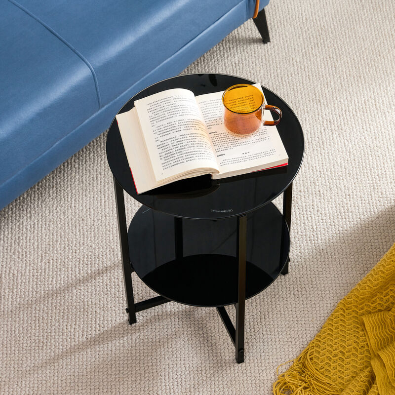2-Piece Set (Black) Tempered Glass End Table, Round Coffee Table For Bedroom Living Room Office