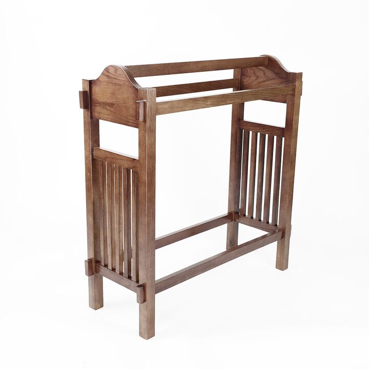 Wooden Mission Style Quilt Rack with 3 Hanging Bars on Scrolled Top, Brown-Benzara