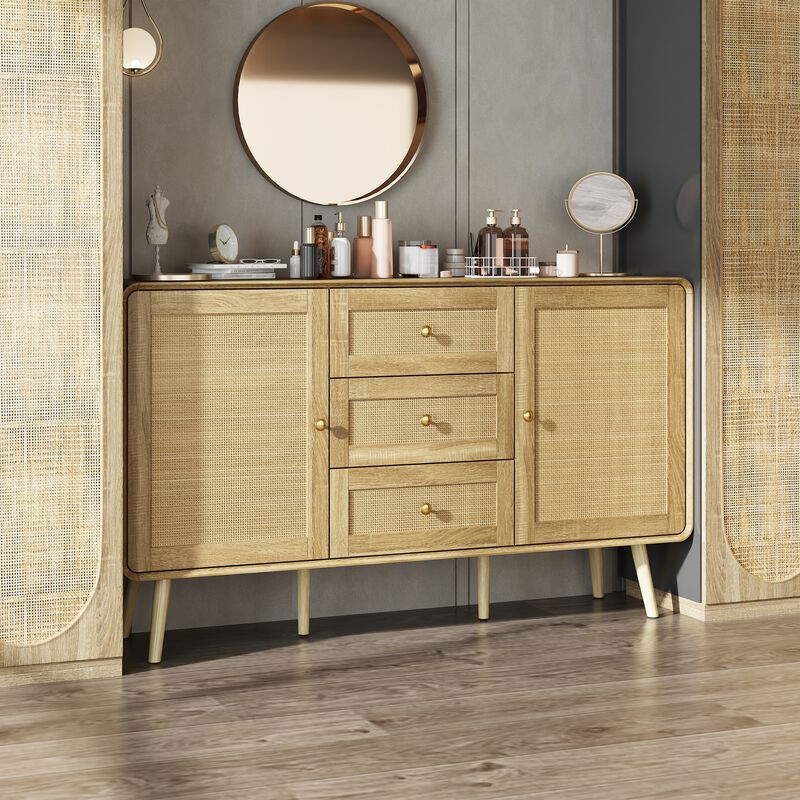 FUFU&GAGA Modern Rattan Dresser with Gold Handles & Legs, 3 Drawers & 2 Cabinets, Natural Wood Finish (55.1" W x 13.8" D x 32.1" H),White
