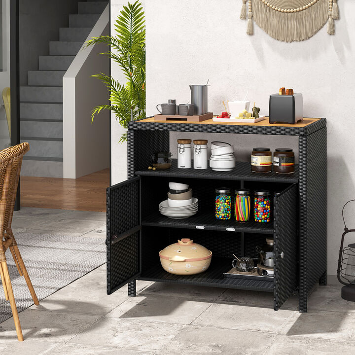Rattan Storage Cabinet with Acacia Wood Countertop for Poolside Deck and Patio