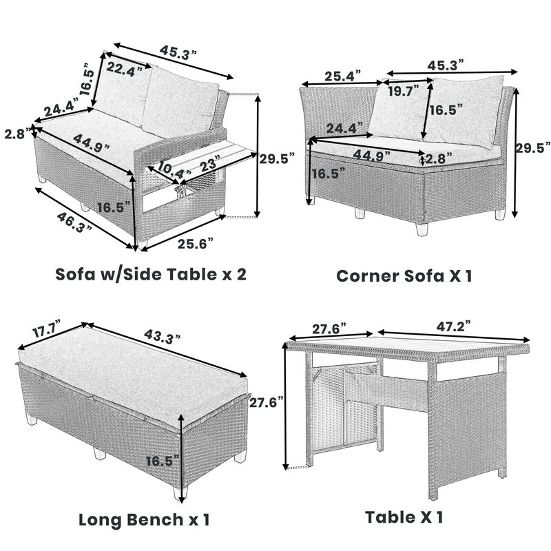Merax Outdoor Patio Rattan Sectional Sofa Table Bench Set