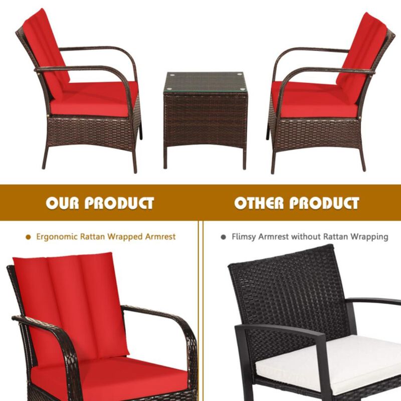 Hivvago 3 Pieces Patio Rattan Conversation Set with Glass Top Coffee Table and Cushions