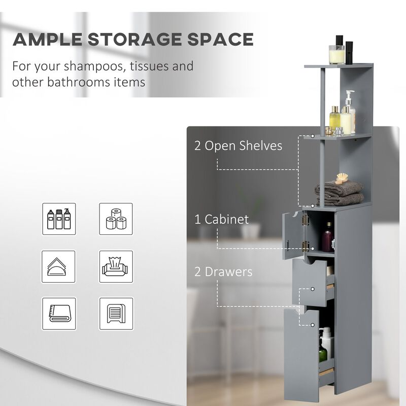 Grey Bathroom Tower: 54" Tall Storage Cabinet with Shelves & Drawers