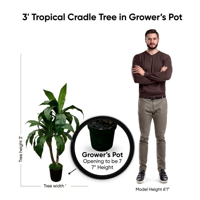 Handmade 3' Artificial Tropical Cradle Tree In Home Basics Plastic Pot Made with Real Wood and Moss Accents