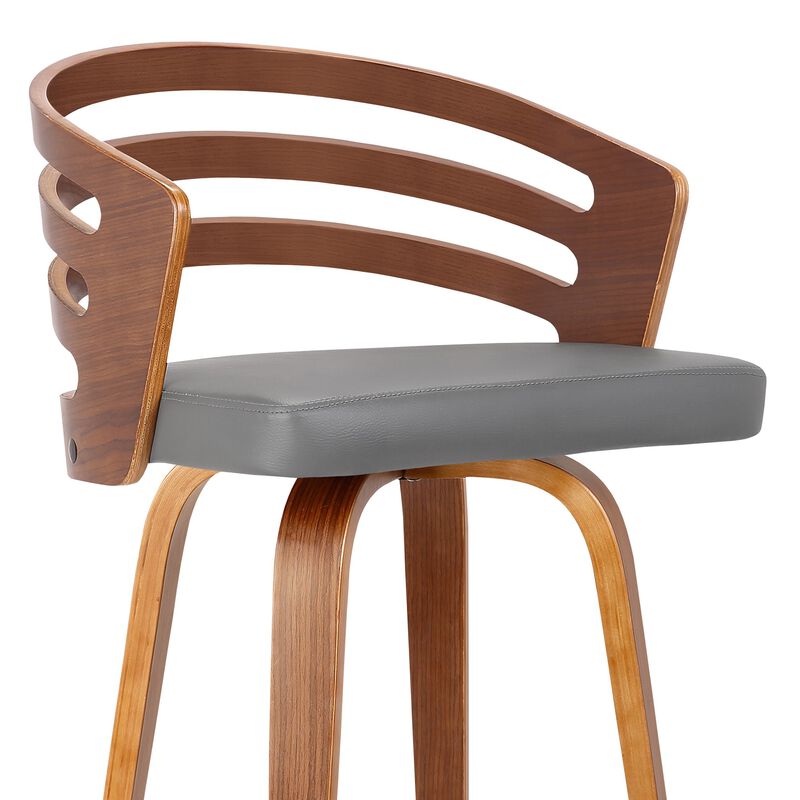 Leatherette Swivel Wooden Counter Stool with Curved Back, Brown and Gray - Benzara