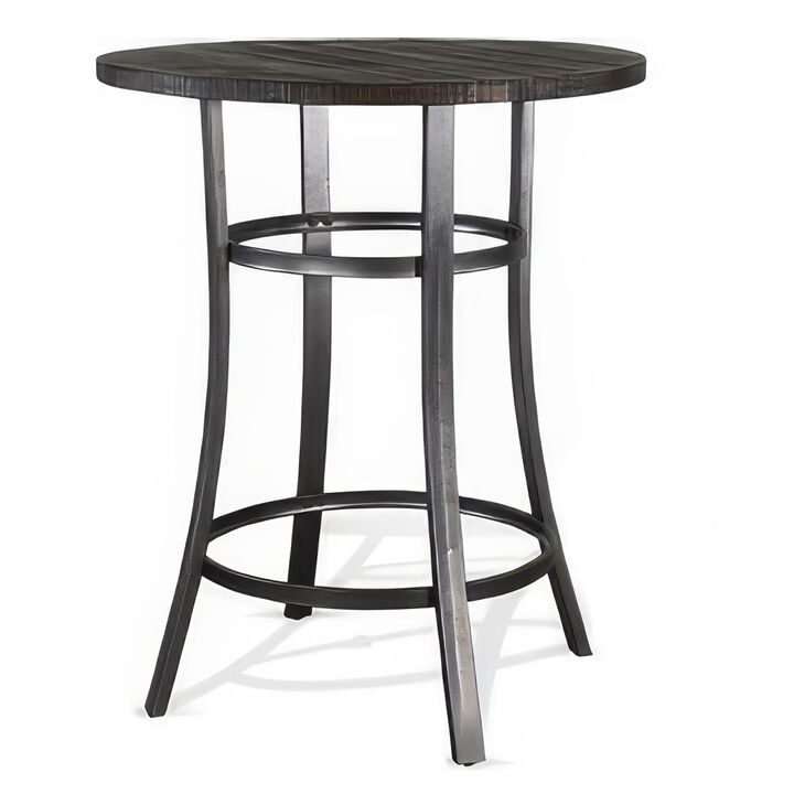 Flint Bar Height Table Round 42 Inch, Dark Brown Mahogany Wood n Metal - Benzara