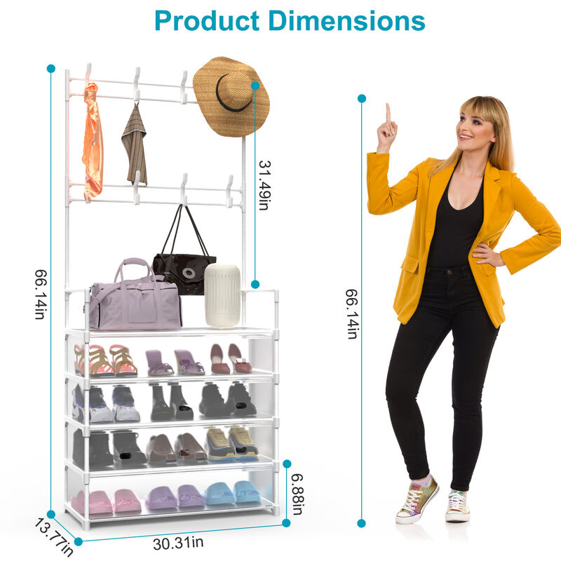 Freestanding Entryway Organizer, 5-Tier Hall Tree with Coat Rack, Shoe Shelf & Hooks