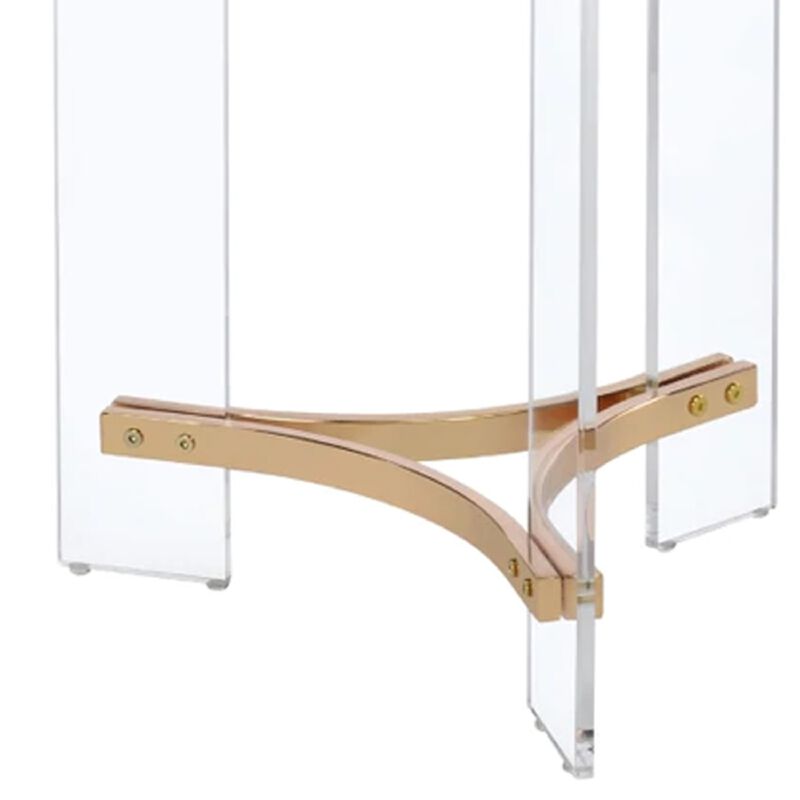 Hale 23 Inch Round End Table, Glass Top, Acrylic Legs, Clear, Gold-Benzara