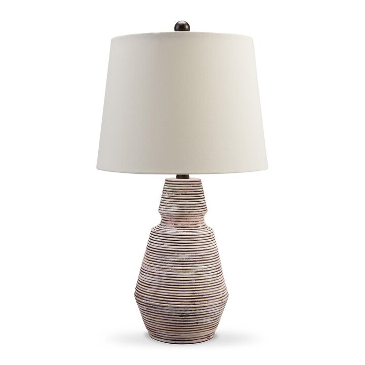 Aerd 23 Inch Table Lamp Set of 2, White Drum Shade, Ribbed Base Turned - Benzara