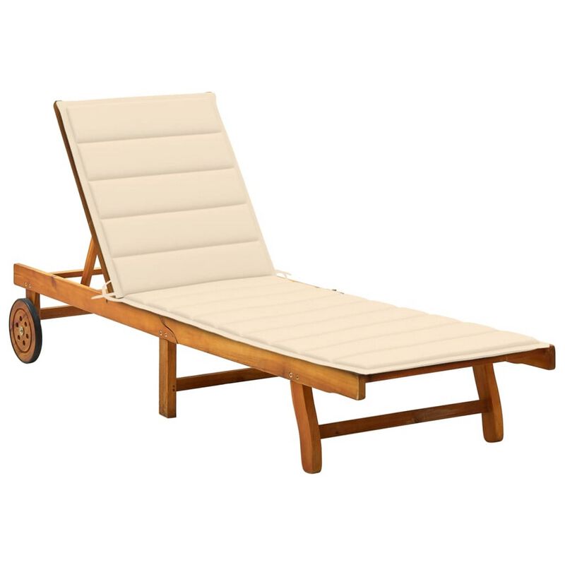 Kaye Outdoor Sun Lounger, 79 Inch Brown Acacia Wood, Cream Polyester - Benzara
