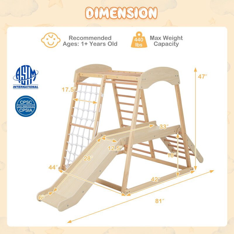 6-in-1 Indoor Jungle Gym Kids Wooden Playground with Monkey Bars