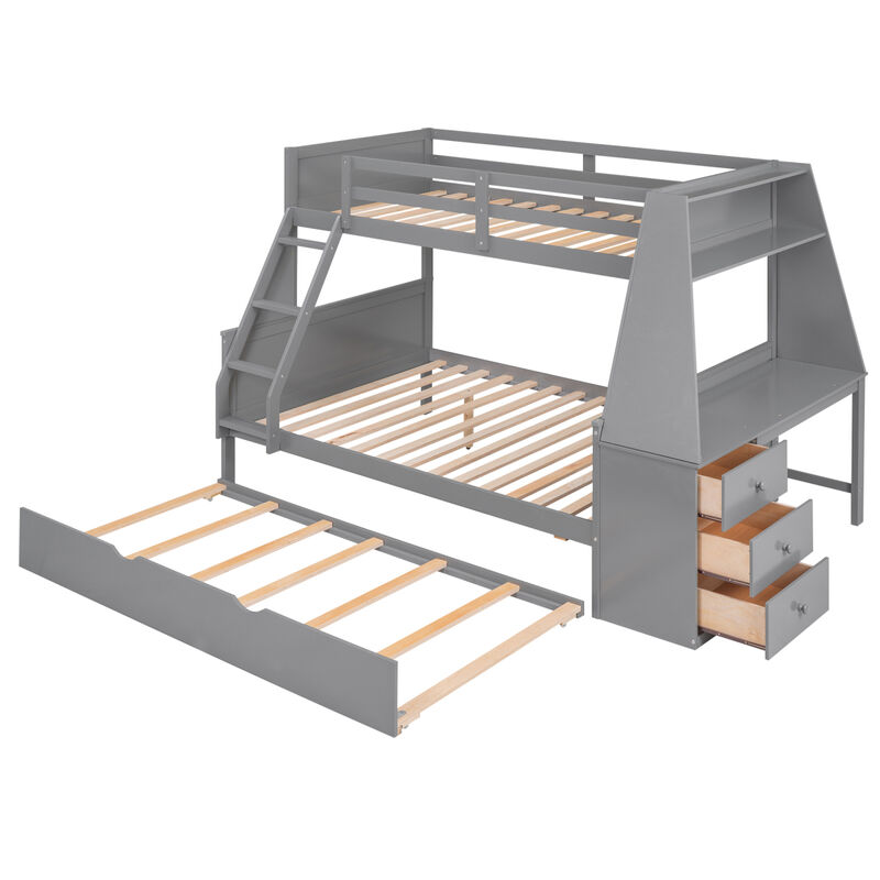 Twin Over Full Bunk Bed With Trundle And Built-In Desk, Three Storage Drawers And Shelf