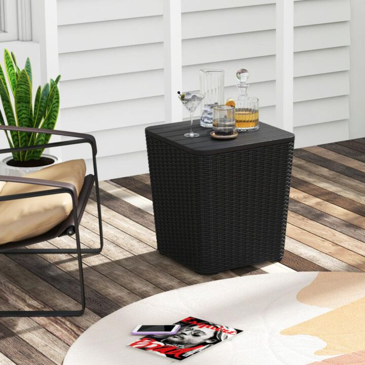 Hivvago Outdoor Resin Storage Side Table with Removable Lid and Wicker-woven Accent
