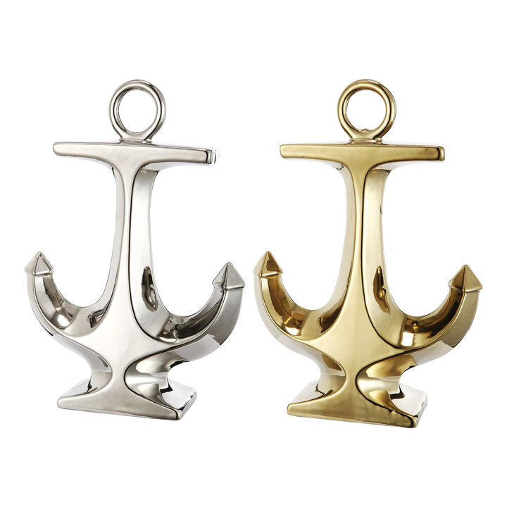 Nautical Ceramic Ship Anchor Decor, Set of 2, Gold and Silver - Benzara