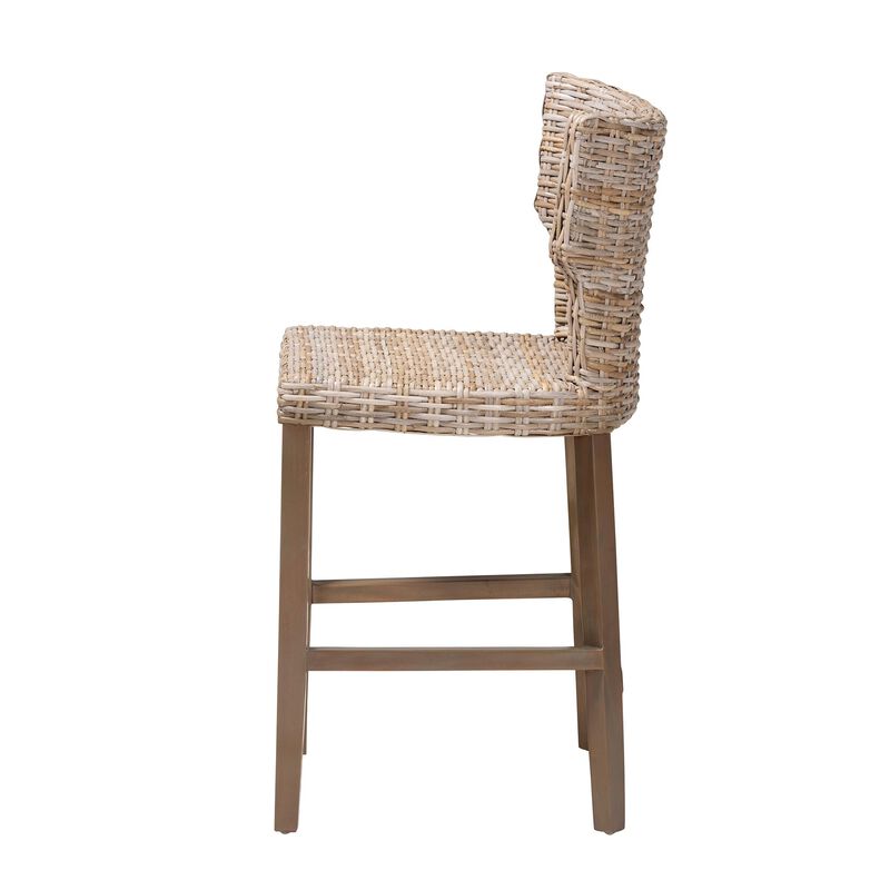 Bali & Pari Enver Modern Bohemian Grey Kubu Rattan And Mahogany Wood Counter Stool
