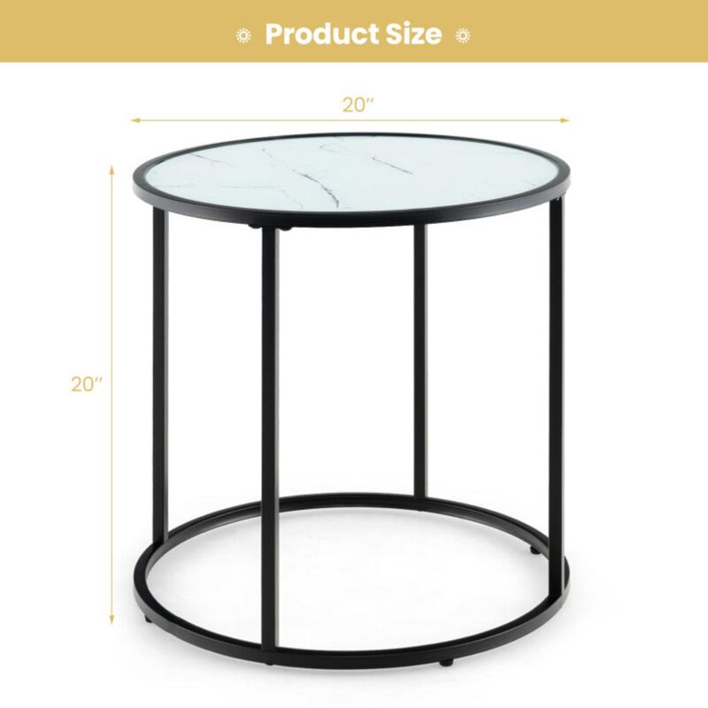 Hivvago 20 Inch Glass End Table with Metal Frame and Faux Marble Glass Top