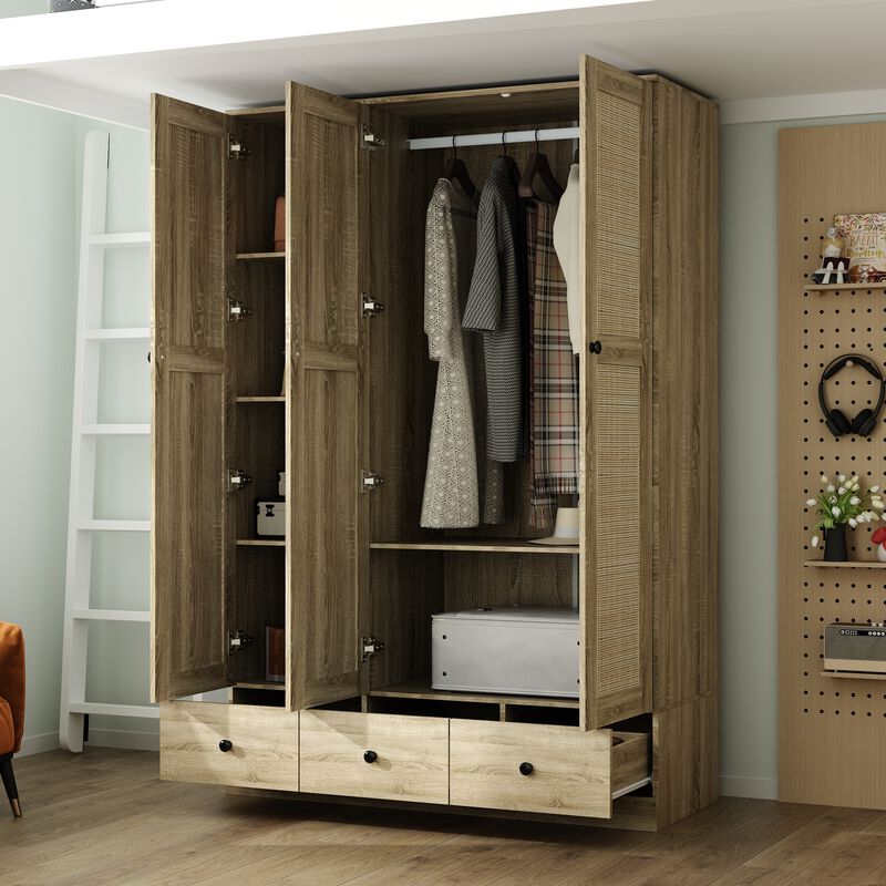 FUFU&GAGA Natural Wood Wardrobe with Shelves, Drawers, and Hanging Space, (47.2" W x 18.9" D x 70.9" H)，Brown