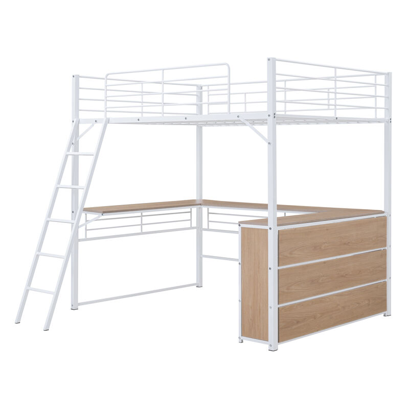 Full Size Metal Loft Bed With 3 Layers Of Shelves And L-Shaped Desk, White