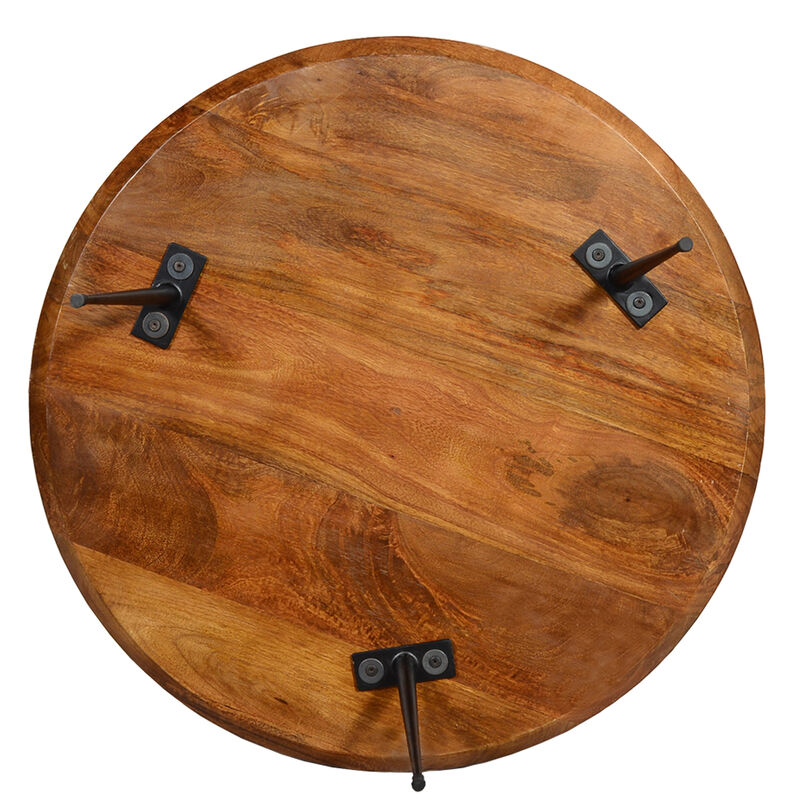 Round Mango Wood Coffee Table With Splayed Metal Legs, Brown and Black-Benzara