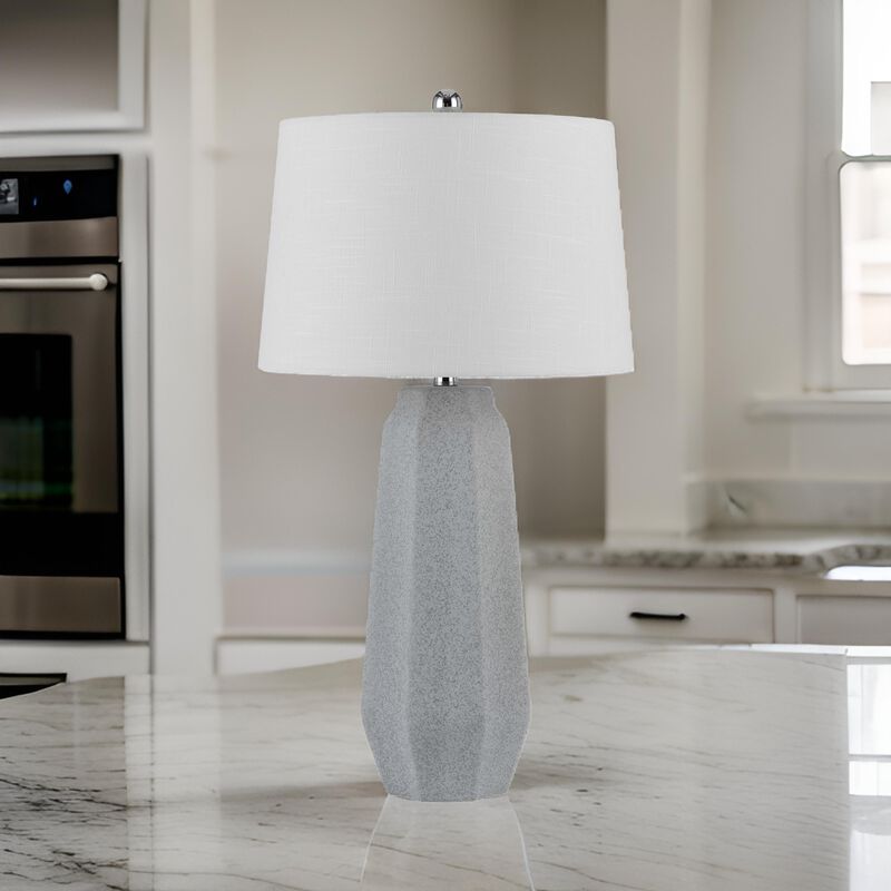 Niu 30 Inch Table Lamp Set of 2, Drum Shade, Stone Gray Ceramic Prism Base - Benzara