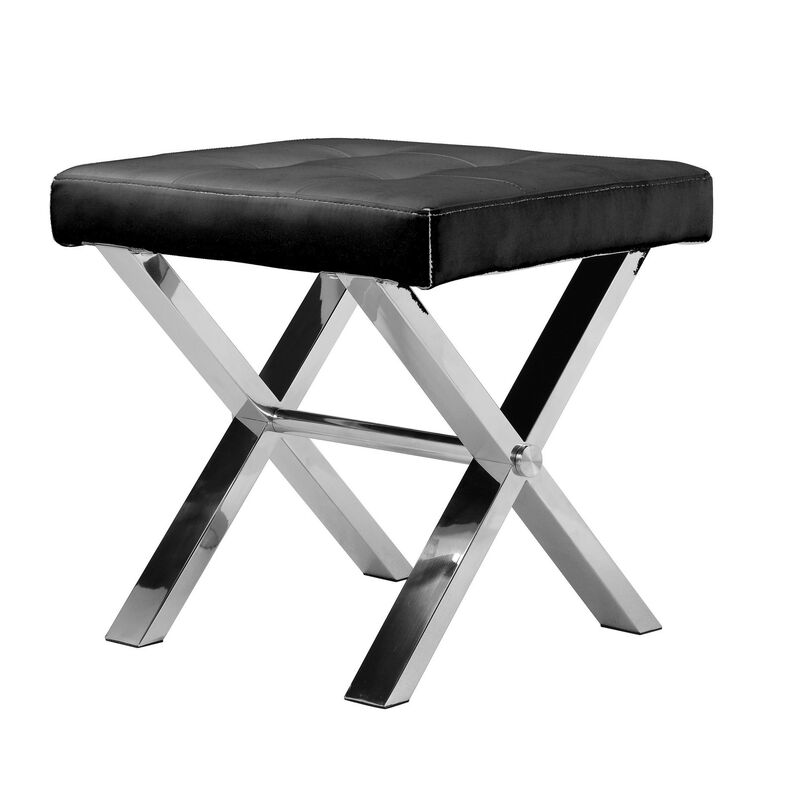 Tia 20 Inch Accent Stool Ottoman, Black Faux Leather, Polished Chrome Legs - Benzara
