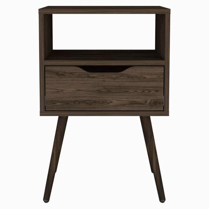 DEPOT E-SHOP Emma Nightstand, Superior Top, Four Legs, One Open Shelf, One Drawer, Dark Walnut