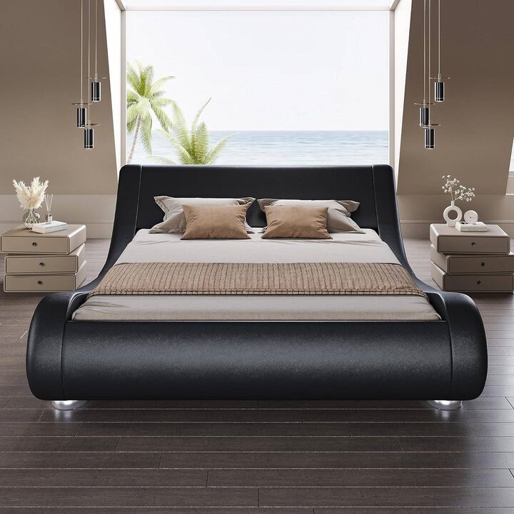 Modern Upholstered Platform Bed Frame with Sleigh Curved Headboard – Contemporary Comfort with a Timeless Silhouette
