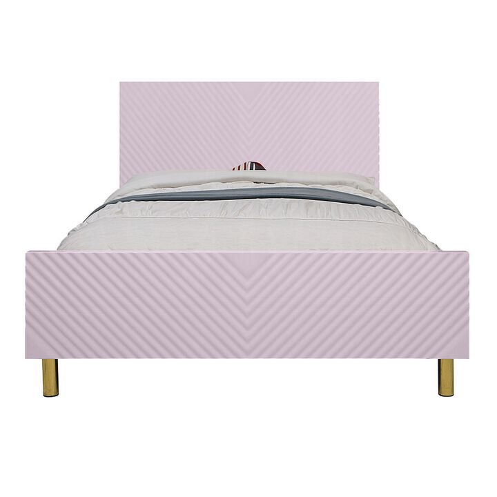 Tyra Full Size Bed, Sleek Panel Headboard, Gloss Pink Chevron Pattern - Benzara