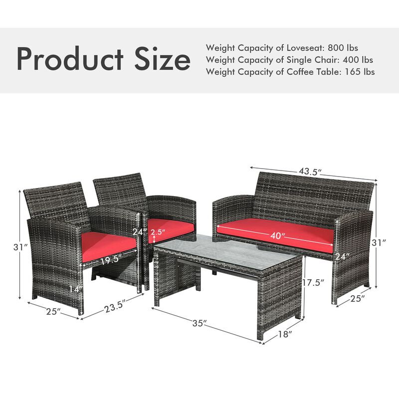 4 Pcs Patio Rattan Furniture Set Top Sofa With Glass Table