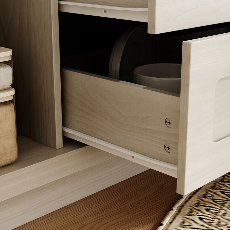 FUFU&GAGA Natural Wood Storage Cabinet with 4 Drawers and 2 Doors, MDF & Rubberwood Construction (55.1" W x 33.9" H x 15.7" D), Grey