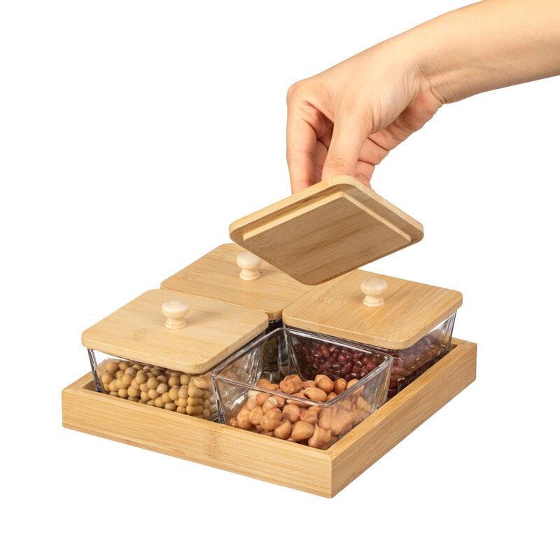 Basicwise Set of 4 Square Glass Jars with Bamboo Lids and Wooden Tray – Square Charcuterie, Snack Organizer and Fruit Platter for Party, Candy Jars, Cookies, Nuts, Fruits and Snack Box