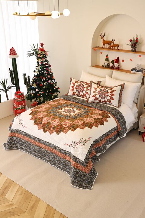 Marcielo 3 Pcs Printed Floral Lightweight Quilt Bedspread Set Queen