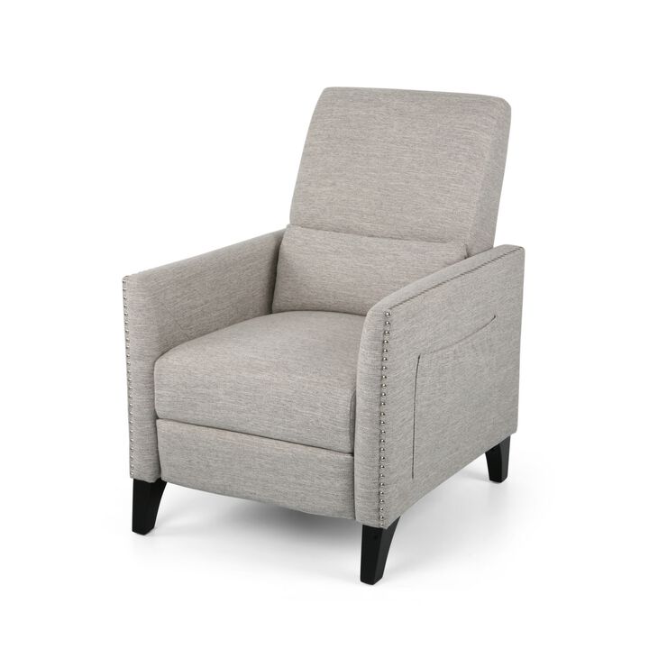 Davy Pushback Recliner Chair, Nailhead Trim, Birch Wood, Gray Fabric - Benzara