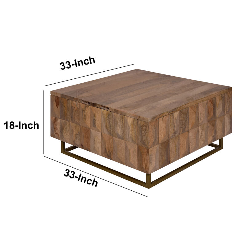 33 Inch Lift Top Storage Trunk Coffee Table, Square, Mango Wood, Natural Brown-Benzara