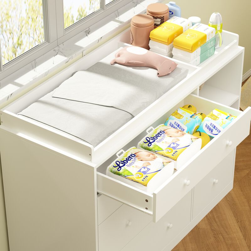 5-Drawers White Wood Chest of Drawers Dresser Vanity Table Storage Cabinet with Shelf 36.1 in. H x 47.2 W x 19.7 D