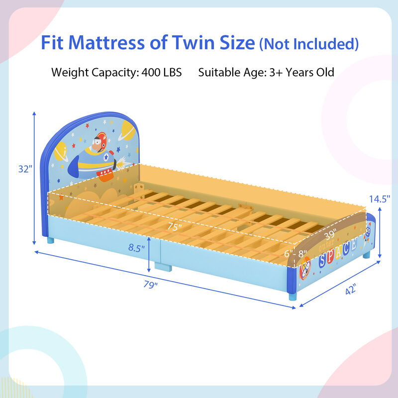Wood Upholstered Twin Bed Platform with Slat Support