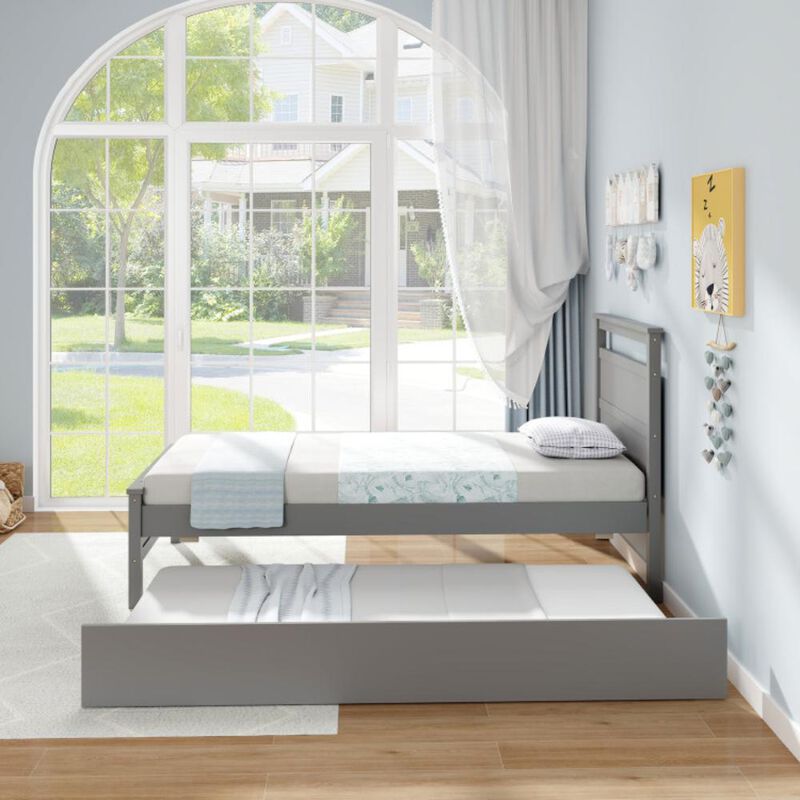 Hivvago Twin Size Wooden Bed Frame with Trundle for Teens and Adults