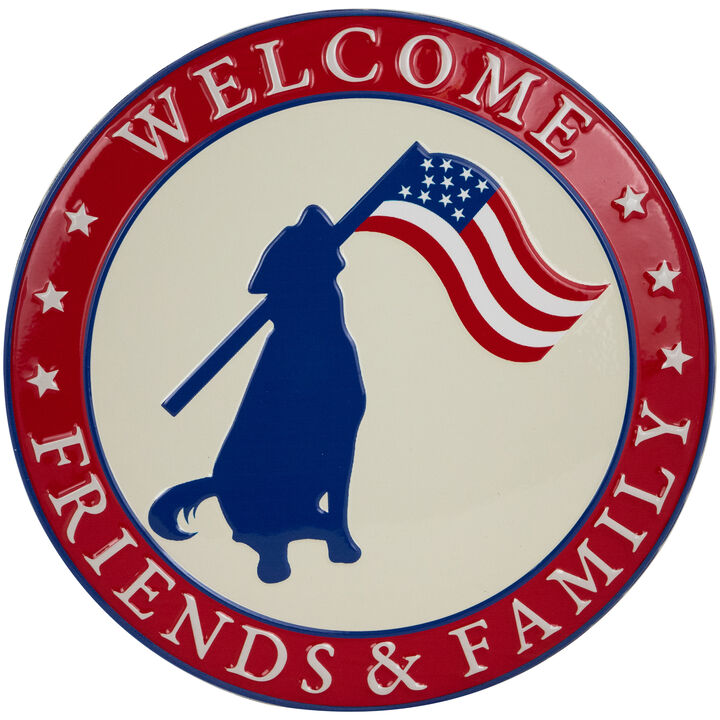 Welcome Friends and Family Patriotic Dog Metal Wall Sign - 13.75"
