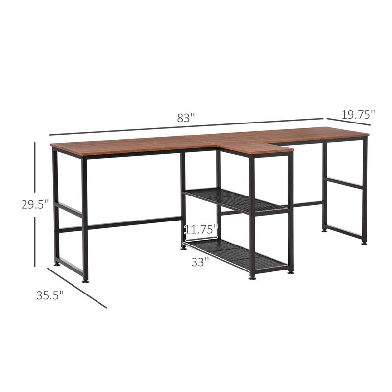 Dark Walnut Shared Workspace: 83" Two-Person Desk with Storage Shelves