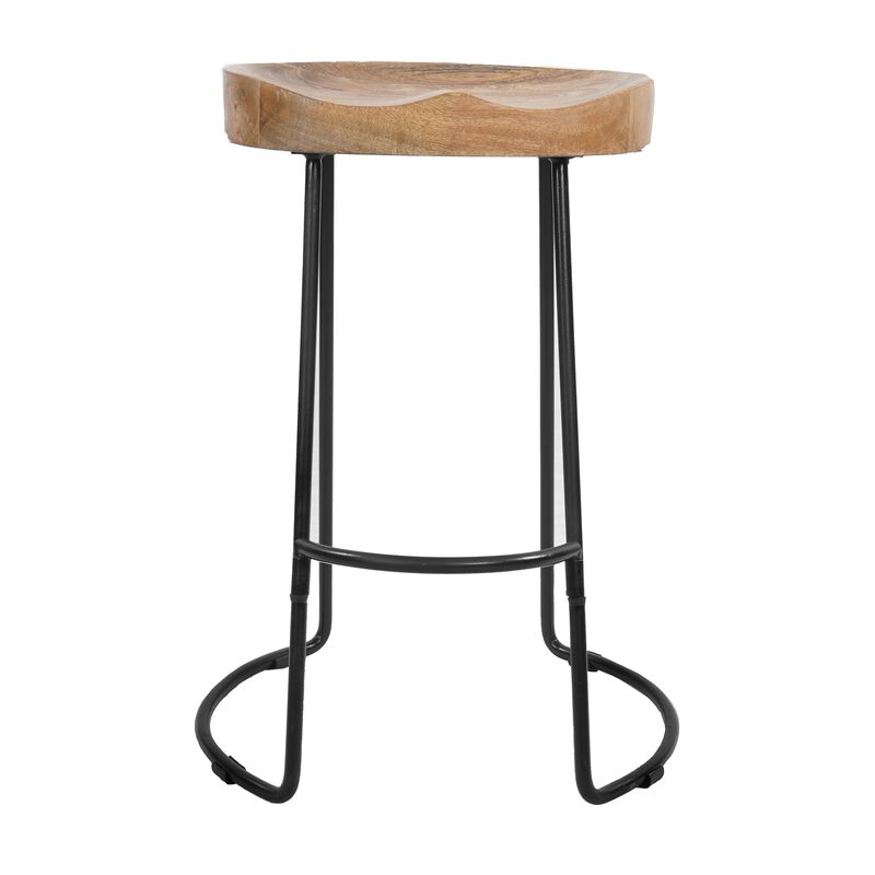 24 Inch Handcrafted Backless Barstool, Natural Brown Mango Wood Thick Saddle Seat, Black Iron Base - Benzara