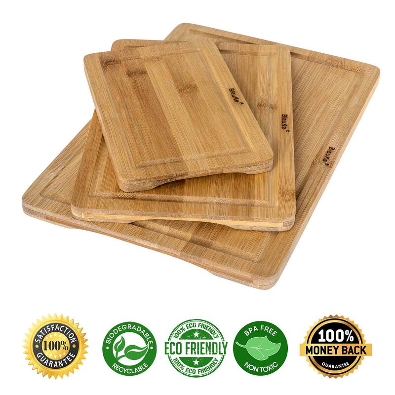 Wooden Cutting Boards for Kitchen with Juice Groove and Handles - Bamboo Chopping Boards Set of 3 - Wood Serving Trays