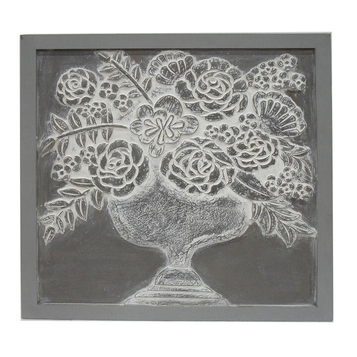 36x36 Inch Wall Art Panel, Carved Flower Vase Design, Gray White Wood - Benzara