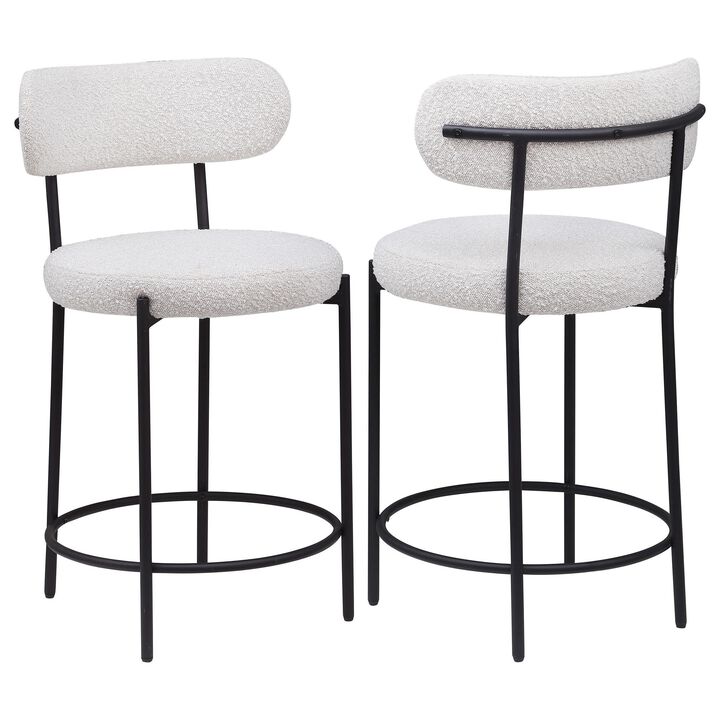 Winona Counter Height Chair Set of 2, White Boucle, Black Metal 25in - Benzara